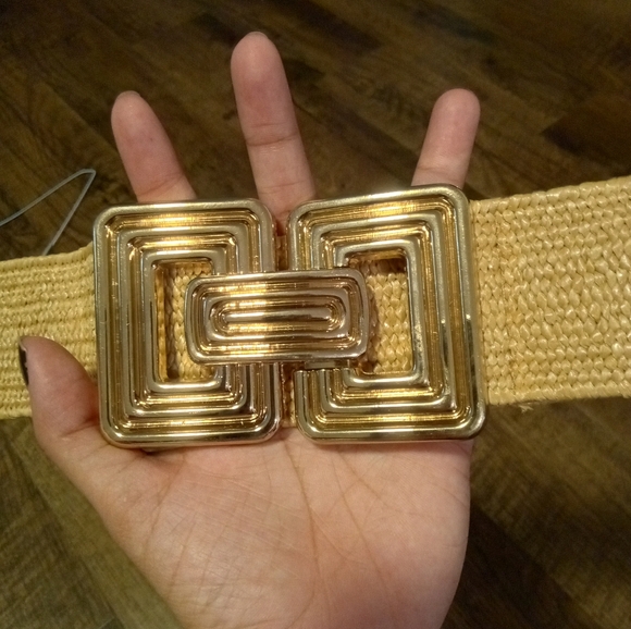 Shein Cognac Ribbed Rectangle Buckle Straw Belt Size Small - Picture 3 of 5